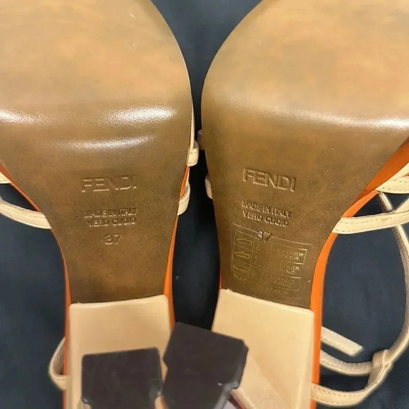 Fendi High Heel Pumps Shoes Ankle Strap Leather Designer Orange Tan Size 37 6.5 - Picture 12 of 14